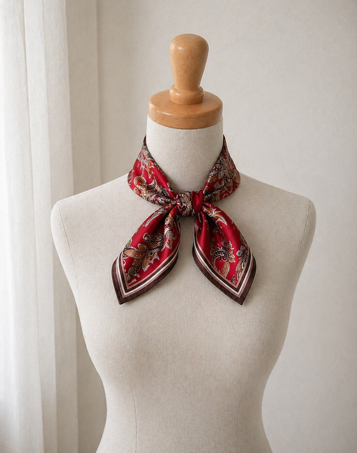 Luxury Silk Square Scarf – Red Paisley Elegant Neck &amp; Hair Accessory