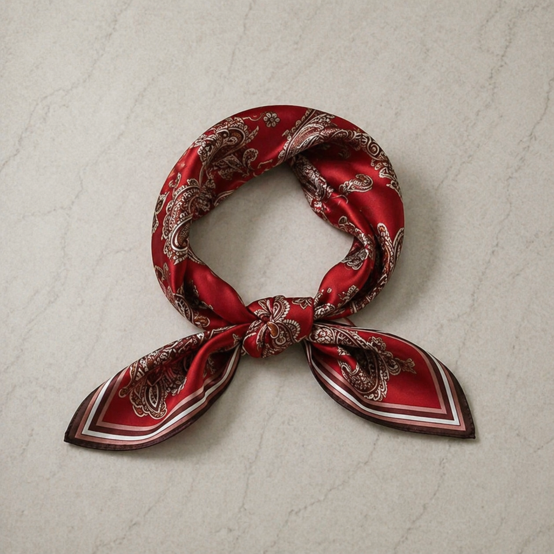 Luxury Silk Square Scarf – Red Paisley Elegant Neck &amp; Hair Accessory