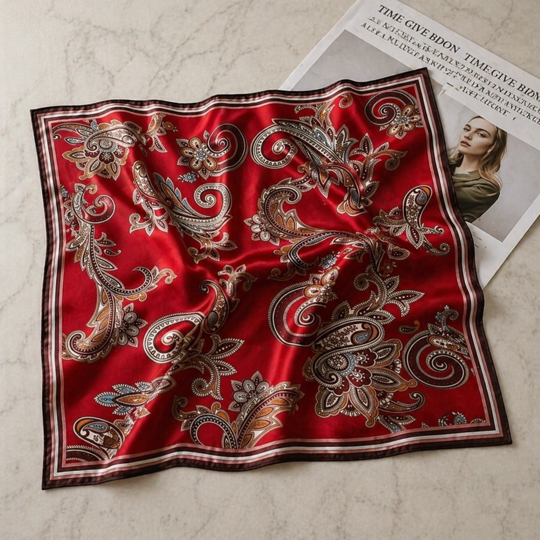Luxury Silk Square Scarf – Red Paisley Elegant Neck &amp; Hair Accessory