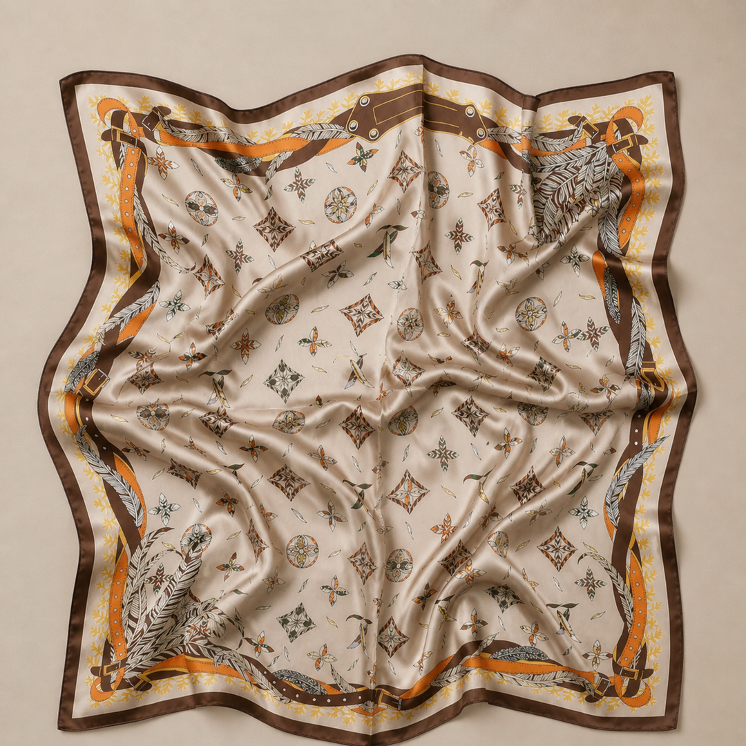Elegant Champagne Floral Silk Square Scarf for Women Headband Accessory