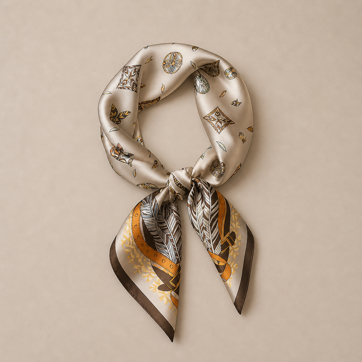 Elegant Champagne Floral Silk Square Scarf for Women Headband Accessory